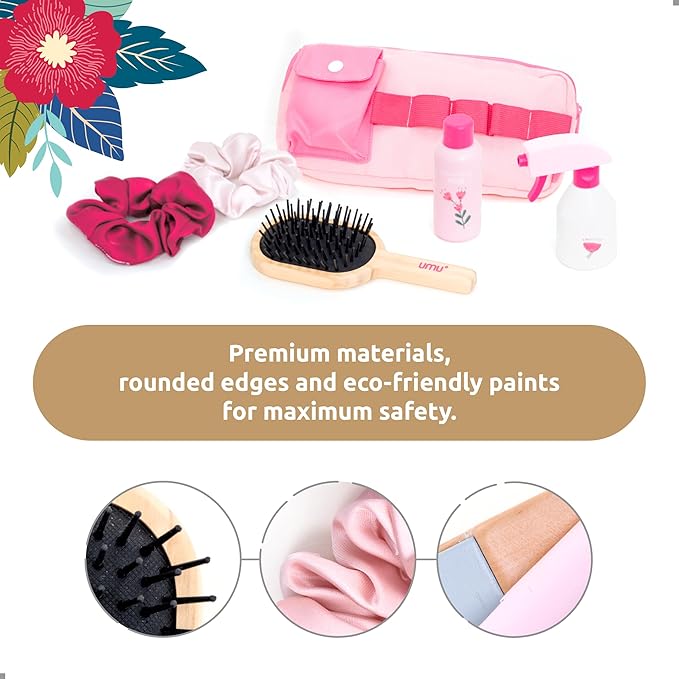 umu® Wooden Hair Salon Playset – 17 Pcs Pretend Hairdressing Toy with Hair Dryer Straightener Mirror Comb & Accessories – Little Woman Design Beauty Role Play Toy for Girls Ages 3 4 5 6