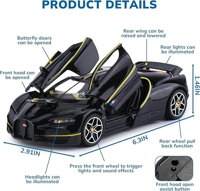 Car Toys for Boys 1 32 Diecast Cars Collectibles Car Model Kit,Metal Toy Car for Boys and Girls,Pull Back Cars with Lights and Sounds,Cars for Kids Ages 3-5（Black）