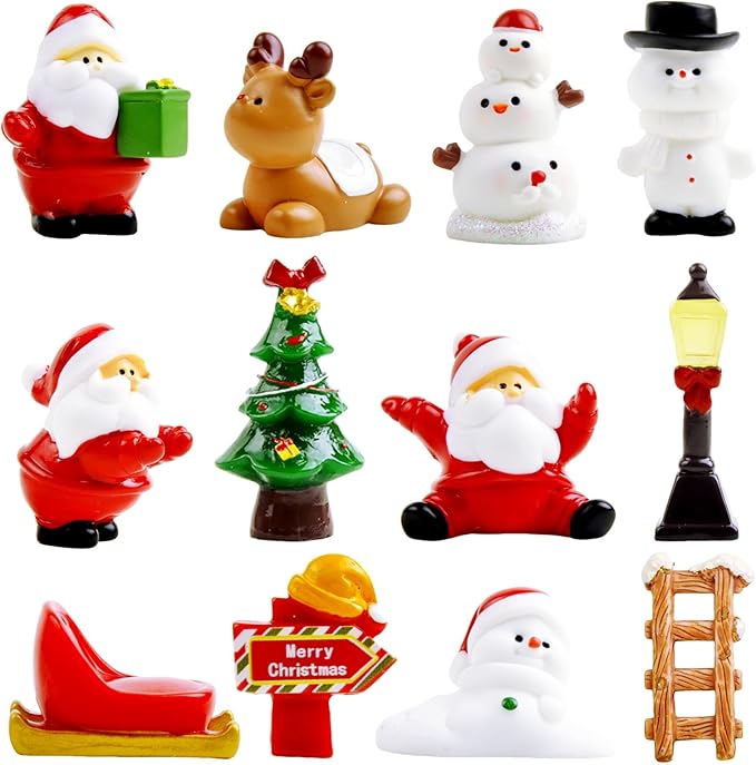 12 Pcs Mini Christmas Figurines – Resin Santa, Snowman, Reindeer & Xmas Decor Set for Miniature Scenes, Crafts, Dollhouse Ornaments & Holiday Table Decorations
