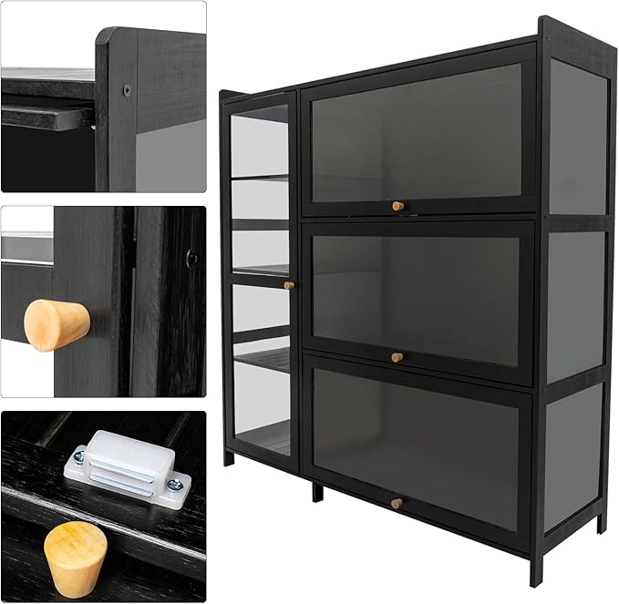 Display Cabinet with Acrylic Doors, Display Curio Cabinet with 3+4 Shelves for Collectibles Figures, Black Bamboo Storage Display Case Clear Showcase for Home Office Living Room Gaming Room