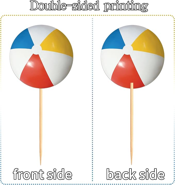 Ercadio 24 Pack Double Sided Beach Ball Cupcake Toppers Water Polo Cupcake Picks Beach Sport Birthday Cake Decorations Baby Shower Party Cake Decoration