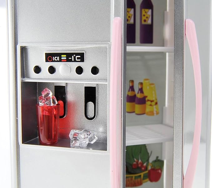 PowerTRC Doll Kitchen Play Set, Mini Modern Toy Pink Kitchen Pretend Play Furnitures Toy Set Accessories Set with Realistic Light & Sound for Kids Toddlers Girls (4-in-1)