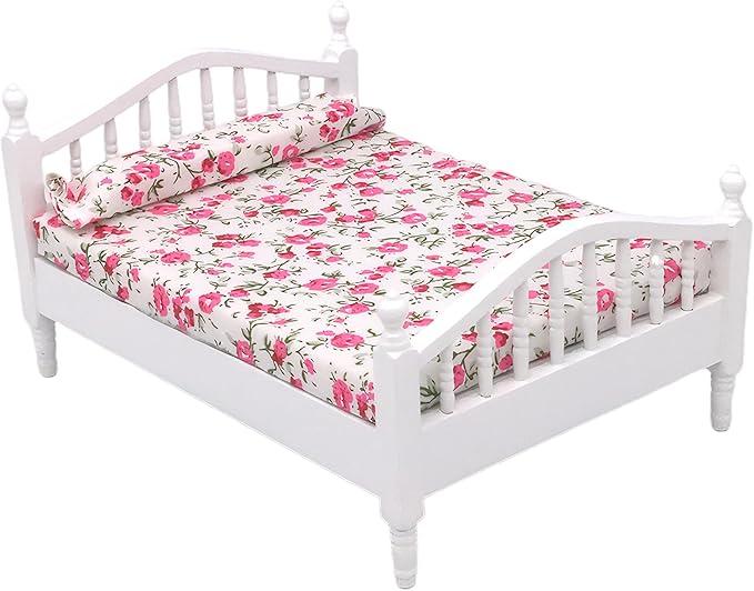 1/12 Dollhouse Bed Miniature Wooden Doll Bed with Real Flower Pattern Mini Bed for Dollhouse Bedroom Furniture