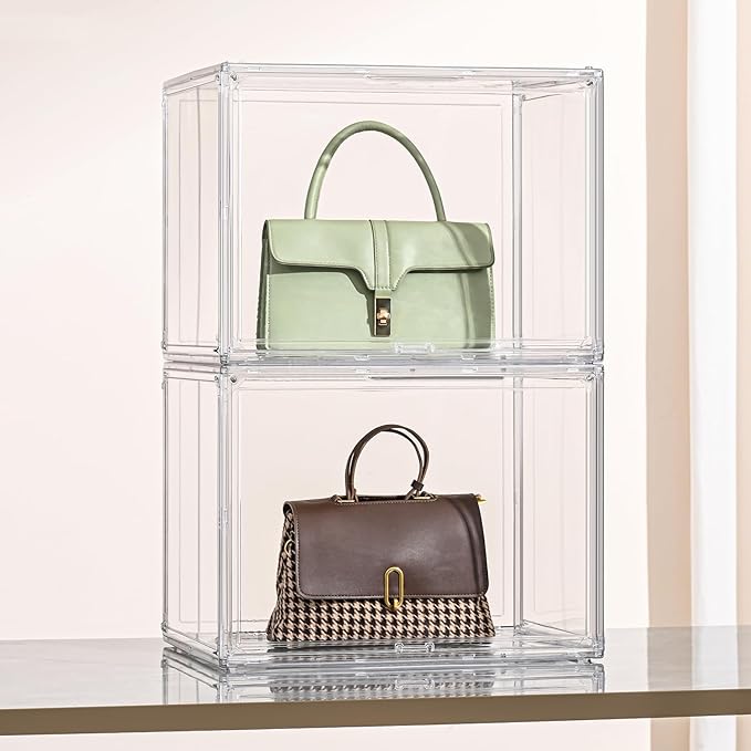 2 Pack XXX-Large Clear Display Case 17.7" x 13" x 13" Extra Large Display Organizer Box with Magnetic Door, Stackable Acrylic Storage Bin for Boots, Shoes, Collectibles, Bags, Figures