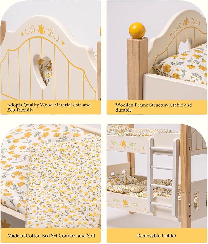 ROBUD Baby Doll Crib, Wooden Baby Doll Beds for 20 Inch Dolls, Baby Doll Bunk Beds with Tulle, American Girl Doll Bed for Gifts, WRP12