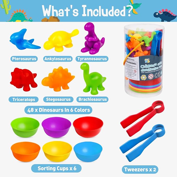 Counting Dinosaurs Color Sorting Toys with Rainbow Bowls,Sensory Training & Counting Activity Montessori Education Learning Activities Christmas Stocking Stuffers Gifts for Boys Girls