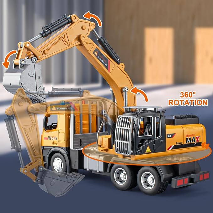 Excavator Toy Metal Cab, Big Digger Toys for Boys with Lights Sounds and Working Movable Parts, Friction Powered Construction Vehicles for Kids (Excavator)