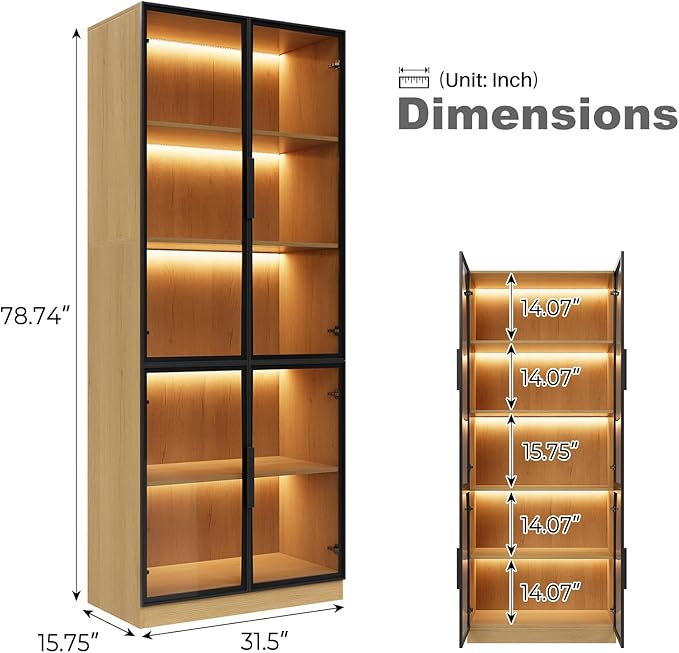 78.7" Display Cabinet with 4 Glass Doors, 5 -Tier Storage Cabinet with LED Lights, Tall Walnut Bookcase with Storage, Wooden Display Case for Collectible, Living Room, Office (Oak)
