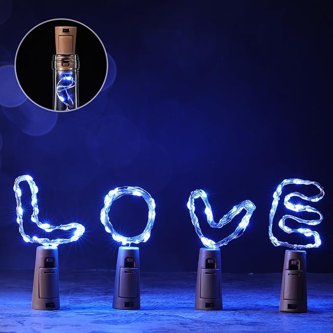 Rtteri 12 Sets Small Empty Wine Bottles with Cork Lights Centerpiece and 30 LED Battery Operated Cork Lights for Birthday Wedding Party Decoration(375 ml,Blue)