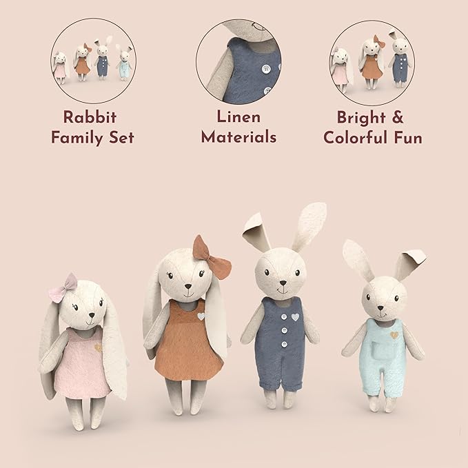 SPEEDY MONKEY Rabbit Family Set – Miniature Bunny Figures with Parents & 2 Baby Rabbits – Pretend Play Doll House Family for Kids, Toddlers, Girls – Cute Dollhouse Decor Toy