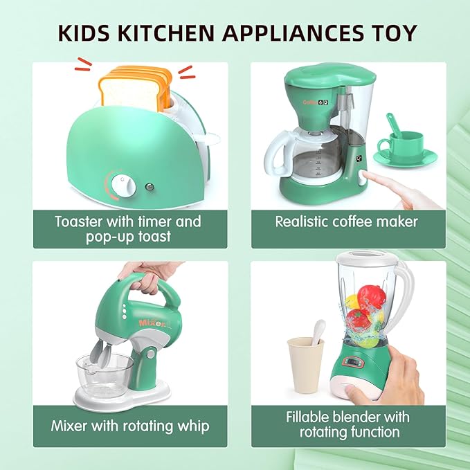 Play Kitchen Toys, Pretend Play Kitchen Appliances Toy Set with Coffee Maker, Mixer, Toaster with Realistic Lights& Sounds, Birthday Gift for Kids Ages 3-5 4-6 6-8 (Green)