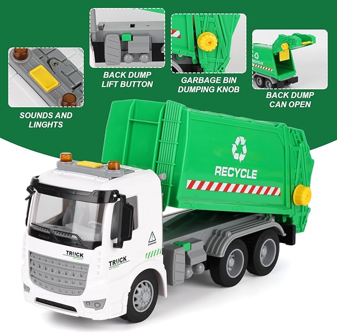 11.8" Mini Garbage Truck Toy, Trash Truck Toy with Dumping Function, Friction Powered, Sound and Lights for Age 3-7 Years Old Boys Girls Birthday Gifts