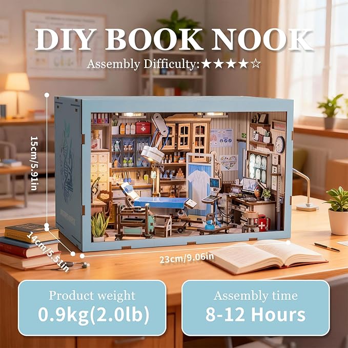 Book Nook Kit - Doctors Office DIY Miniature House Dollhouse Kit for Adults and Teens, Booknook Mini Doctors Clinic Bookshelf Insert Decor 3D Wooden Puzzle, Gifts for Family