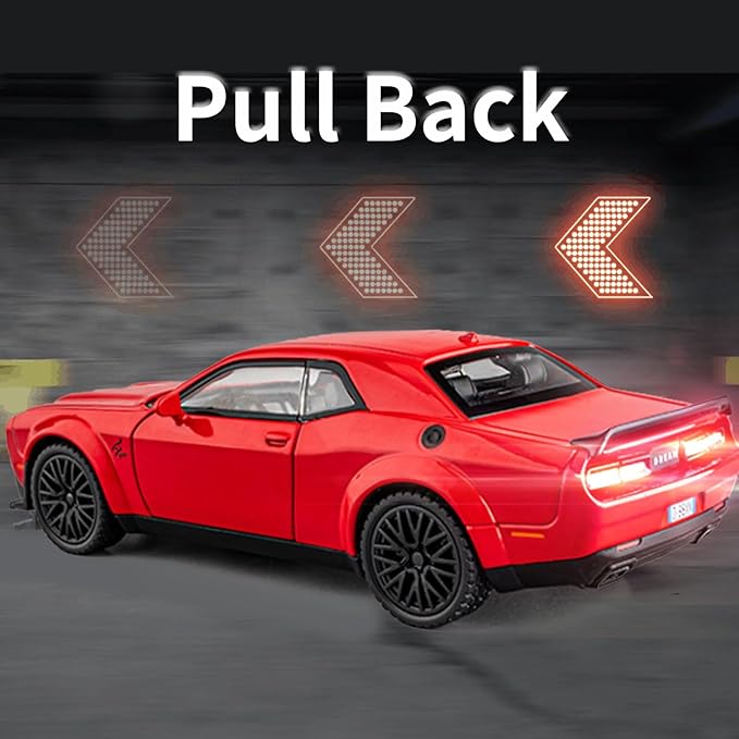 Toy Cars 1/32 Dodge Challenger Die Cast Metal Toy Cars Hellcat Toy Car with Sound and Light Pull Back Hellcat Car for 3+ Year Old Boys and Kids