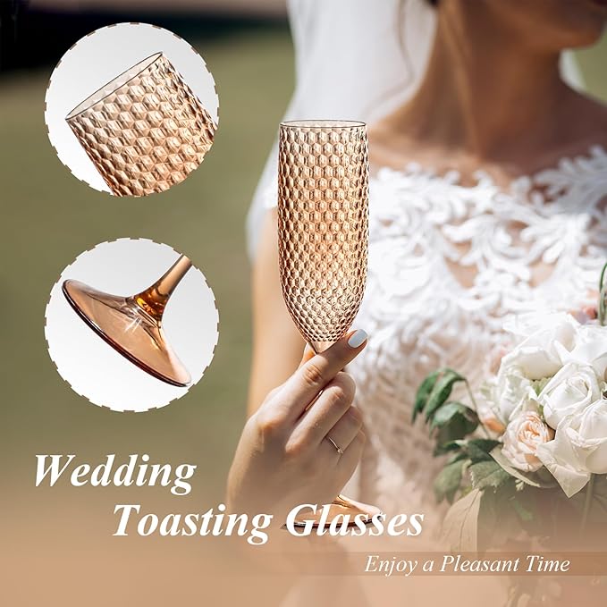 24 Pack Plastic Champagne Flutes Rose gold Champagne Glasses Unbreakable Wedding Toasting Glasses Diamond Wine Glasses Crystal Clear Party Wine Cups Vintage Drinking Glasses 5.5 OZ for Bridal Shower