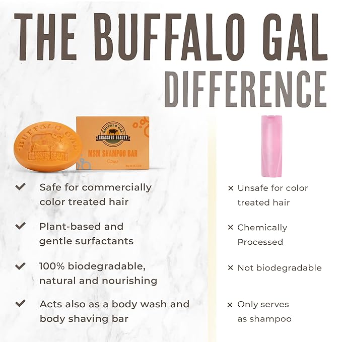 BUFFALO GAL MSM + Tallow Shampoo Bar – Hair Growth Solid Shampoo for Soft, Healthy Hair – pH Balanced, Sulfate-Free, Silicone-Free, Plastic-Free – Natural Essential Oil Scent