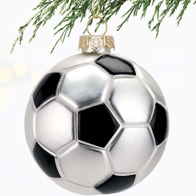 3.15” Christmas Soccer Ball Glass Blown Ornament, 2025 Hand-Painted Small Mini Sports Ball Decoration for Boys and Girls, Xmas Tree Holiday Decor Kids Themed Party Gifts