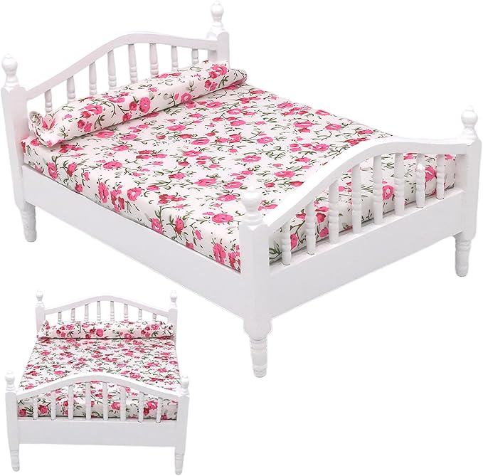 1/12 Dollhouse Bed Miniature Wooden Doll Bed with Real Flower Pattern Mini Bed for Dollhouse Bedroom Furniture