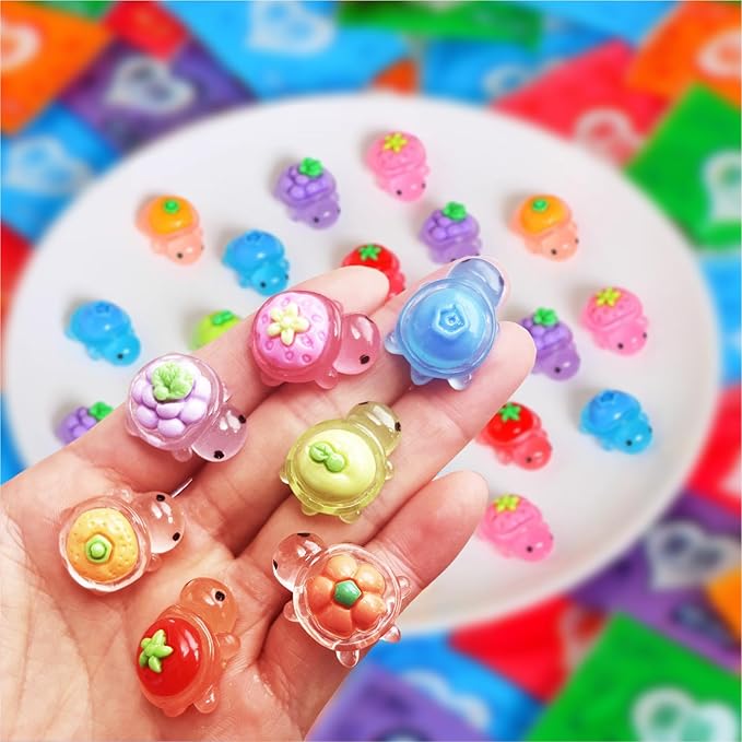 50Pcs Mini Animals Figures to Hide Small Resin Turtles Figurines Tiny Glow in The Dark Miniature Plastic Sea Animals, Fruit, Vegetable, and Turtle Combinations in Novel Designs (7 Styles Mix)