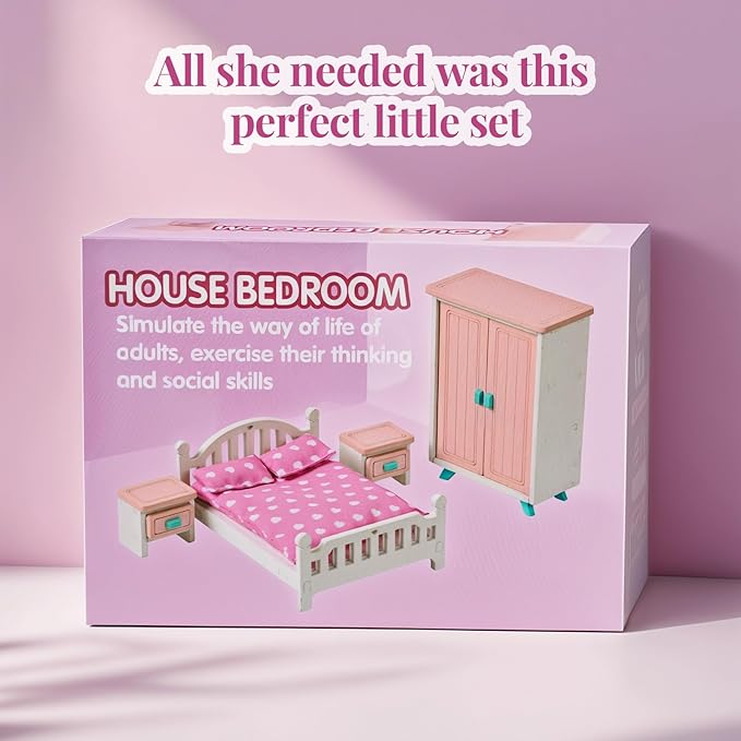 BABESIDE Mini Dollhouse Bedroom Furniture Set,7 PCS Pink Wooden Doll House Accessories for 3 Inch Dolls with Bed, Nightstands, Wardrobe, Pillows & Mattress – Gift for Girls, Kids Miniature Room Toy