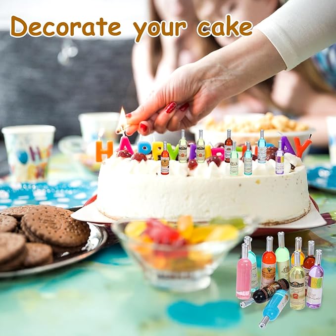 10 Pcs 1:12 Scale Mini Wine Bottles Cake Toppers Wine Drinks Decoration Beer Glass Model Mini House Drink Accessories for Dollhouse Miniature Bottles Cake Decorations