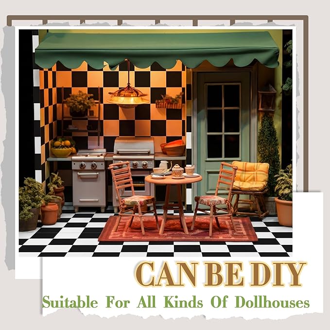 Flutesan 12 Pcs Miniature Dollhouse Wallpaper and Flooring Peel and Stick Mini DIY Self Adhesive Dollhouse Accessories 8.27 x 11.69 Inch (Check Pattern)