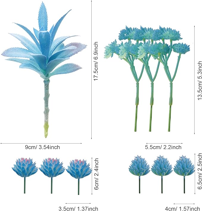 Cayway 21 PCS Artificial Succulent Plants, Blue Fake Succulent, Unpotted Faux Succulent Assortment in Flocked Blue in Different Type for Birthday Home Decor Indoor Wall Garden DIY