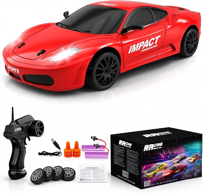 Remote Control Car RC Drift Car 2.4GHz 1:24 Scale 4WD 15KM/H High Speed Model Vehicle with LED Lights Drifting Tire Racing Sport Toy Car for Adults Boys Girls Kids Gift 2Pcs Rechargeable Batteries