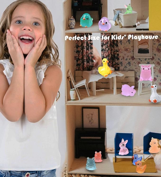 50 Pcs Luminous Mini Resin Animals, Glow in The Dark Tiny Ducks, Frogs, Birds, Rabbits, Cute Dollhouse Miniatures for Mystery Blind Bag, Crafts, Fairy Garden, Home and Office Décor