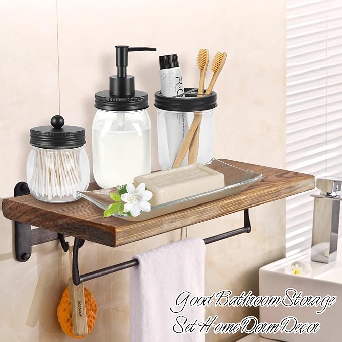 Jenseits Bathroom Accessory Set 4 Pcs - Toothbrush Holder, Lotion Soap Dispenser, Apothecary Jars Qtip Holder, Vanity Tray - Farmhouse Bathroom Accessories, Rustic Home Country Decor (Black)