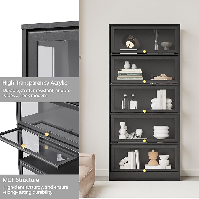 Display Cabinet with Acrylic Glass Doors,5-Tiers Curio Cabinet with LED Lighting for Collectibles, Collectibles Toy Organizers Rack & Display Shelf Display Case Storage Cabinet, Black