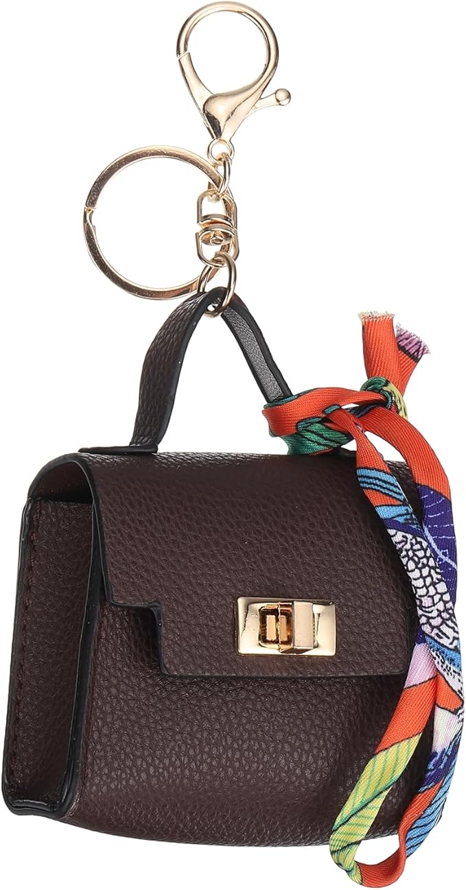 PATIKIL Mini Backpack Keychain, Cute Coin Purse Keychain PU Leather Backpack Purse Key Chain Little Earbud Bag Keychains for Women Mini Card Data Cable Organizer, Brown