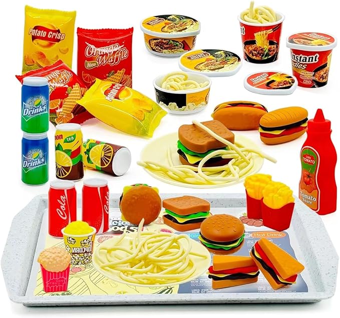 Pretend Play Kitchen Mini Foods Set for Kids Hamburger Fries Noodles Drink with Tray Playset,Play House Kitchen Accessories Role Toys Birthday Gifts for Boys Girls 3 4 5 Yrs (31Pcs Hamburger Chips)