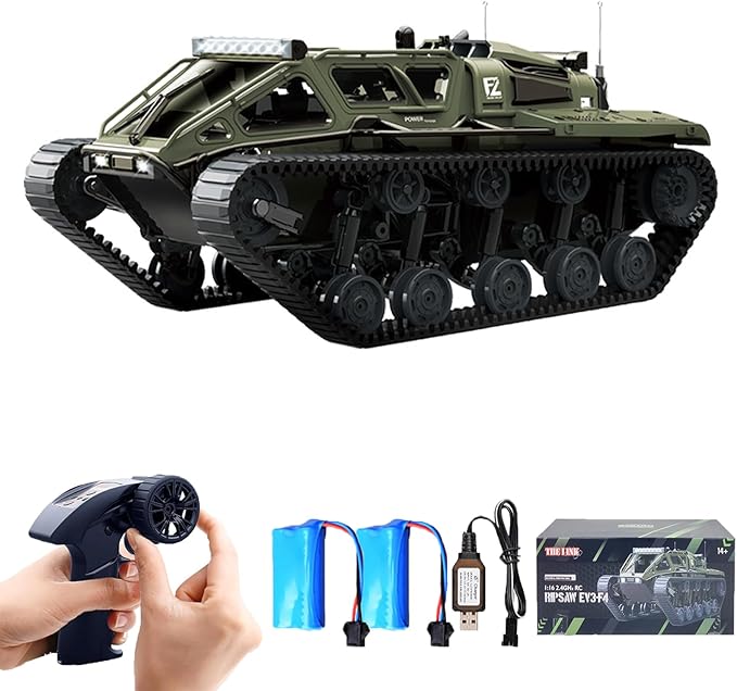 Remote Control Tank, 1:16 Scale 2.4GHz All Terrain RC Crawler, 4WD Off-Road Armored Tank, 360° Rotating Drifting Truck Toy Vehicle with Lights, Rechargeable Battery Gifts for Teens