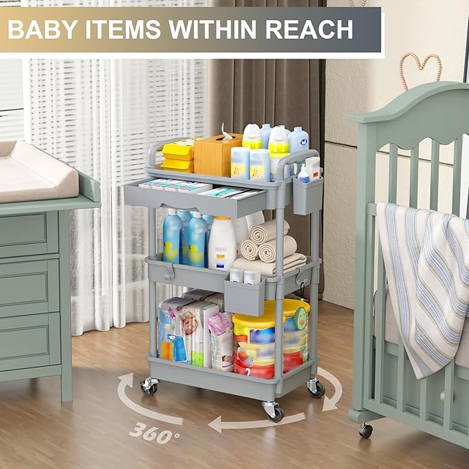 Goovilla 3 Tier Rolling Utility Cart Organizer with Removable Drawer, Stable and Sturdy Grey Rolling Storage Carts with 2 Lockable Wheels for Bathroom, Kitchen, Snack, Craft, Makeup, Baby Essentials