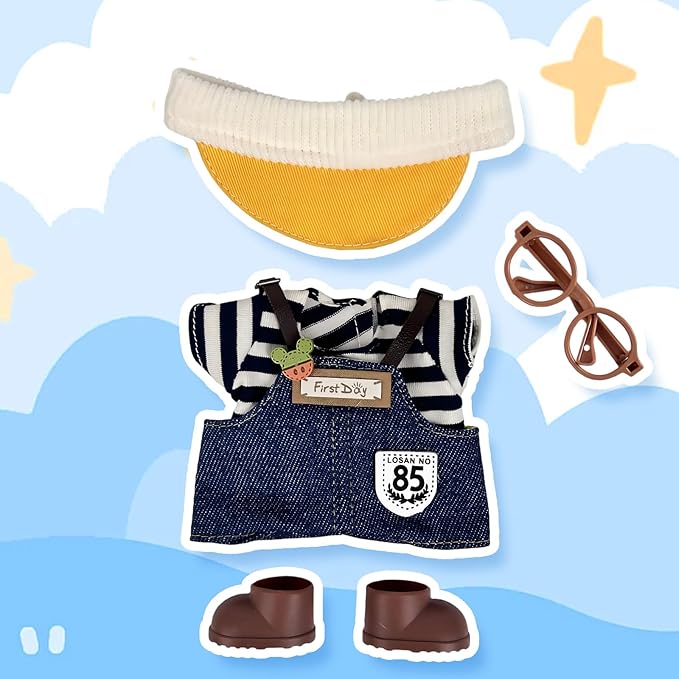 17cm Doll Clothes(NO Doll), Cute Dolls Outfit Accessories with Hat + Glasses + Striped Top + Suspenders Pants + Shoes, Small Kawaii Clothes Set for Dolls(Style 1)