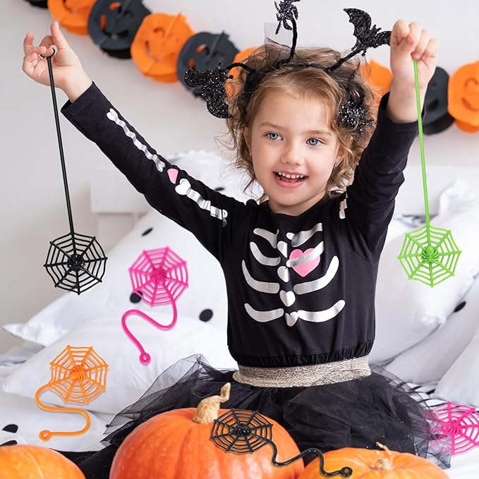 24 PCS Sticky Spider Web for Kids, 7.6 Inches Cobweb Sticky Hand Toys, Halloween Spider Party Favors for Goodie Bag Stuffers, Birthday, Classroom Prizes Supplies (4 Colors)
