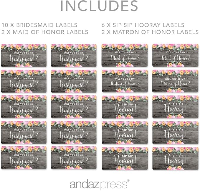 Andaz Press Mini Champagne Wine Bottle Proposal Labels, Will You Be My Bridesmaid? Matron Maid of Honor?, Rustic Gray Wood Floral Flowers, 20-Pack, Favor Gift Labels