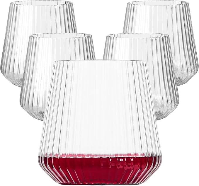 Lueumxc 40 Pack Plastic Ribbed Wine Glasses, 14Oz Origami Disposable Wine Glasses Unbreakable Clear Plastic Cocktail Glasses Recyclable Shatterproof Reusable Wine Cups (14oz 40pack)
