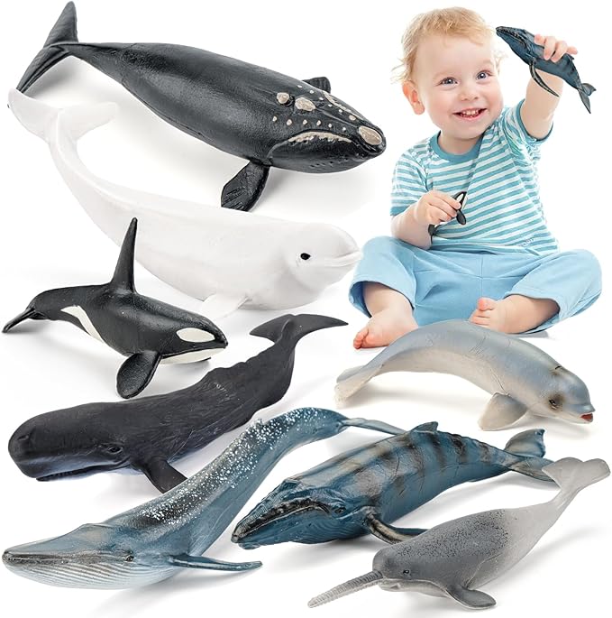 8PCS Whale Figurines Toys for Toddlers, Realistic Ocean Animals Figures Sea Creatures Toys for Kids Includes Beluga Orca Blue Whale, Birthday Party Favors & Gifts for Boy Girl