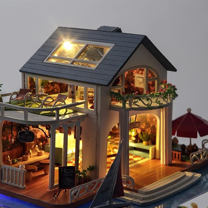 GuDoQi DIY Miniature Dollhouse Kit, Tiny House kit with Furniture and Dust Proof, Miniature House Kit 1:24 Scale Beachside Bungalow, Great Handmade Crafts Gift for Birthday Christmas Day