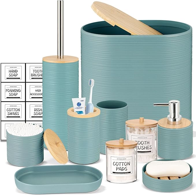 IMAVO Bathroom Accessory Set-11Pcs Blue Bathroom Accessories Set with Trash Can,Soap Dispenser,Soap Dish,Toothbrush Holder,Toothbrush Cup,Toilet Brush Holder,Qtip Holder Dispenser with Labels
