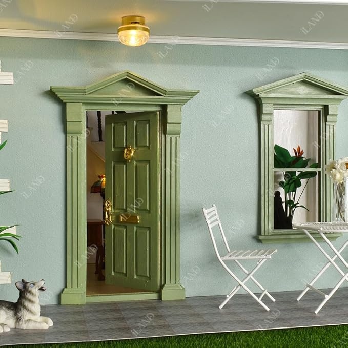 iLAND Classic Wooden Dollhouse Door of 1/12 Scale Accessories, Dollhouse Building Supplies Set of Miniature Door with Trim, Handle & Knocker, Colorable and Realistic for Modern and Antique Doll House