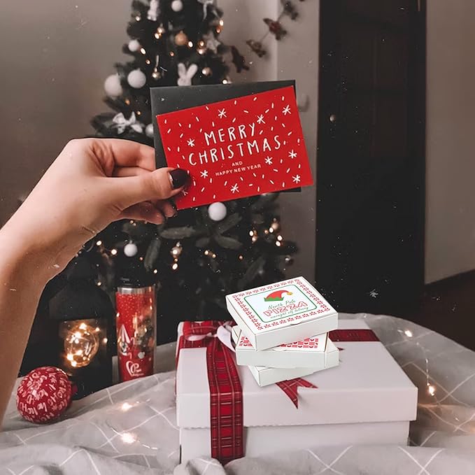 WANGDEFA 50 Pack Elf Mini Pizza Box Square Cardboard Mini Pizza Box with Elf Sticker for Celebrations, Party Favors, Christmas, Birthdays, Valentines Day, Weddings (3.54 x 3.54 x 0.78 inches)