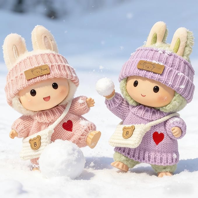 2 Sets 17cm Doll Clothes (6 Pieces), Handcrafted Crochet Doll Clothes for Fashion Designer Collection with Hats & Sweater & Mini Bag (Pink & Purple)
