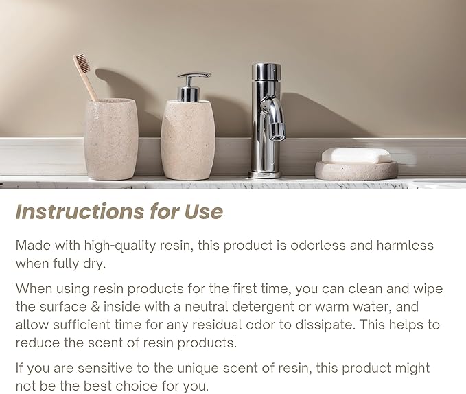 Clasin Home Beige Bathroom Accessories Set 3 PC, Resin Sandstone Look Soap Dispenser, Toothbrush Cup, Soap Dish, Bathroom Soap Dispenser Set for Home Decor and Kitchen