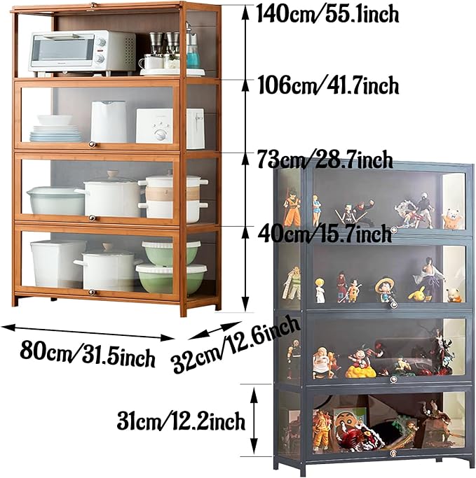 Curio Display Cabinet with Acrylic Doors for Collectibles Small Curio Cabinet 4 Tier 3 Tier Figures Display Case Toys Display Shelves Vitrina Storage Cabinet,Brown,4 Tier_Flip Up Door