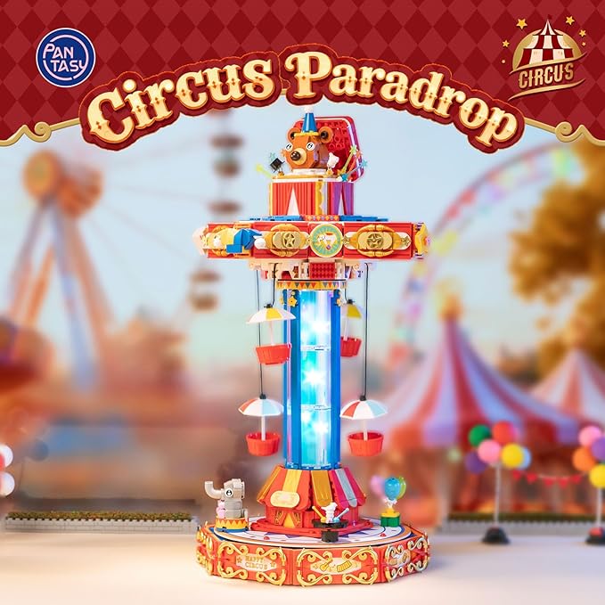 PANTASY Circus Paradrop Building Block Set, Retro Carnival Display Model with LED Lights, Motorized Moving Ride, Colorful Star Columns, Magic Box Teddy Bear, Type-C Powered Interactive Adult Collector