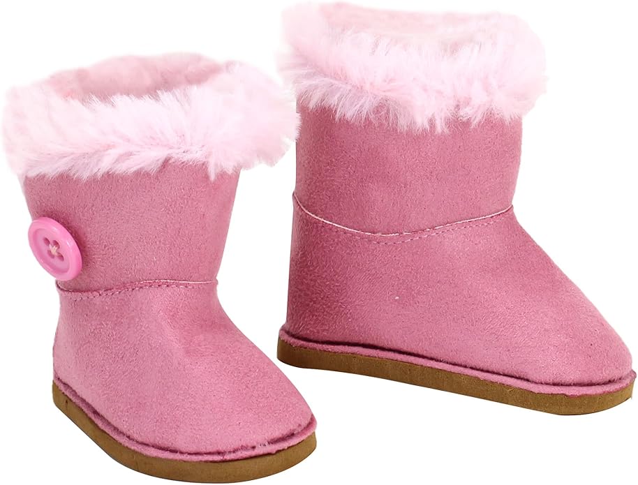Sophia's Gray Suede Winter Boots with White Faux Fur Lining and Trim Plus Gray Side Button and Soft Tan Soles for 18" Dolls
