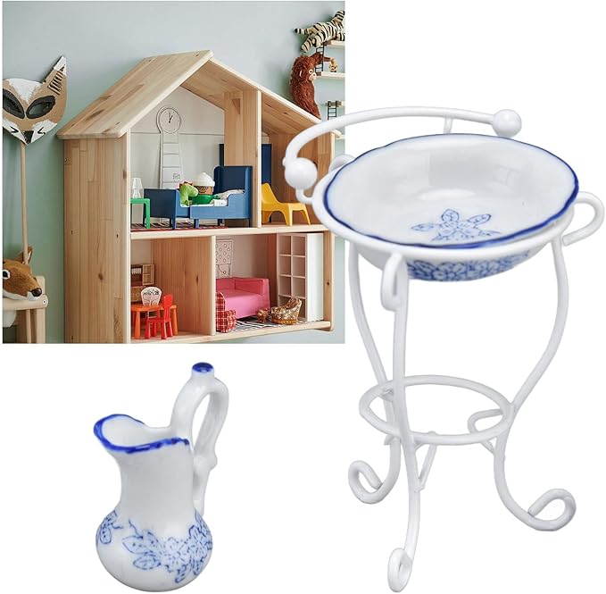 Dollhouse Furniture Bathroom Set 1:12 Washbasin Stand Doll House Kettle and Basin Dollhouse Bathroom Accessories